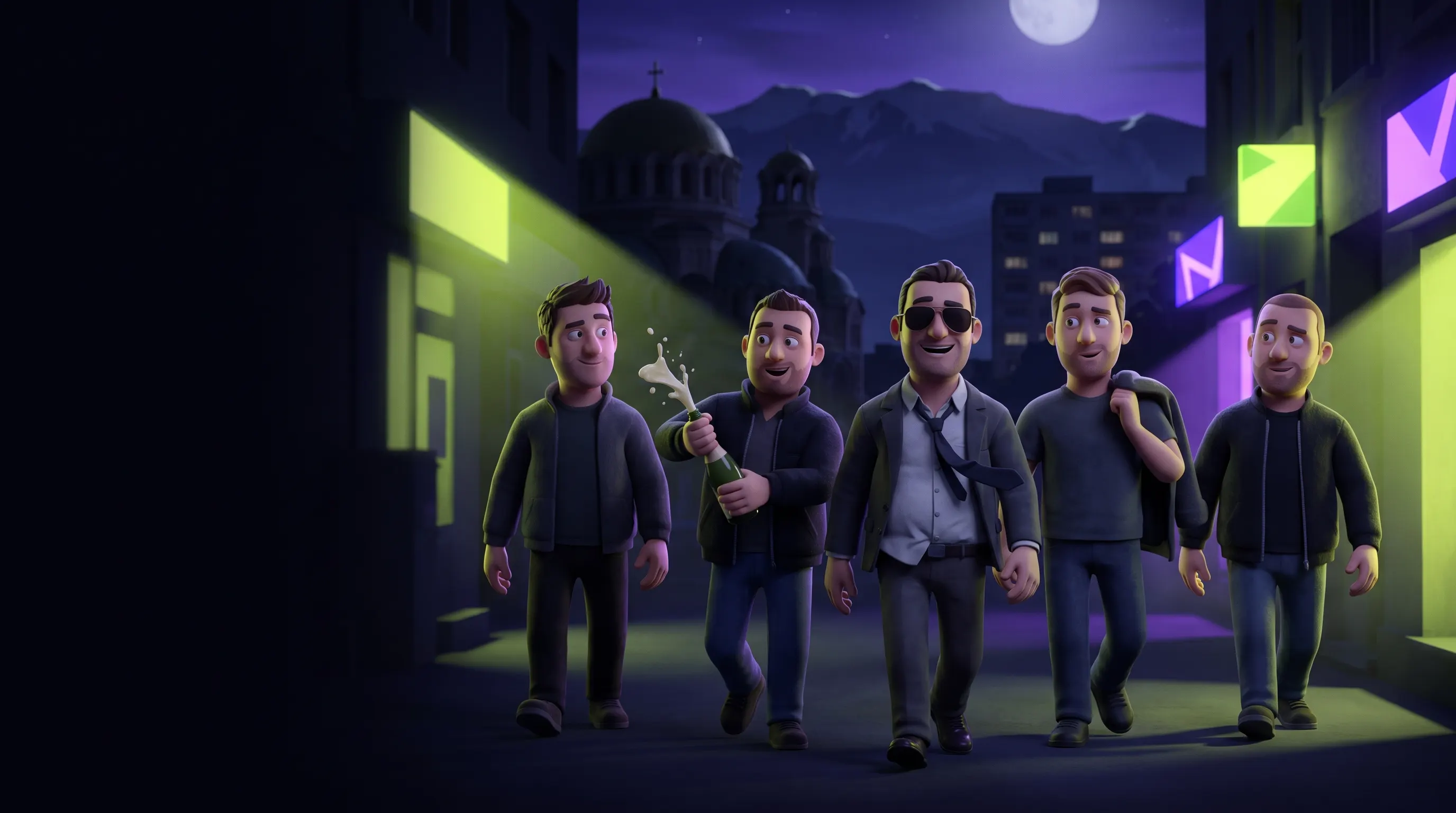 Five guys on a bachelor party walking down a Sofia street after dark under violet and lime streetlights, the groom in sunglasses in the middle