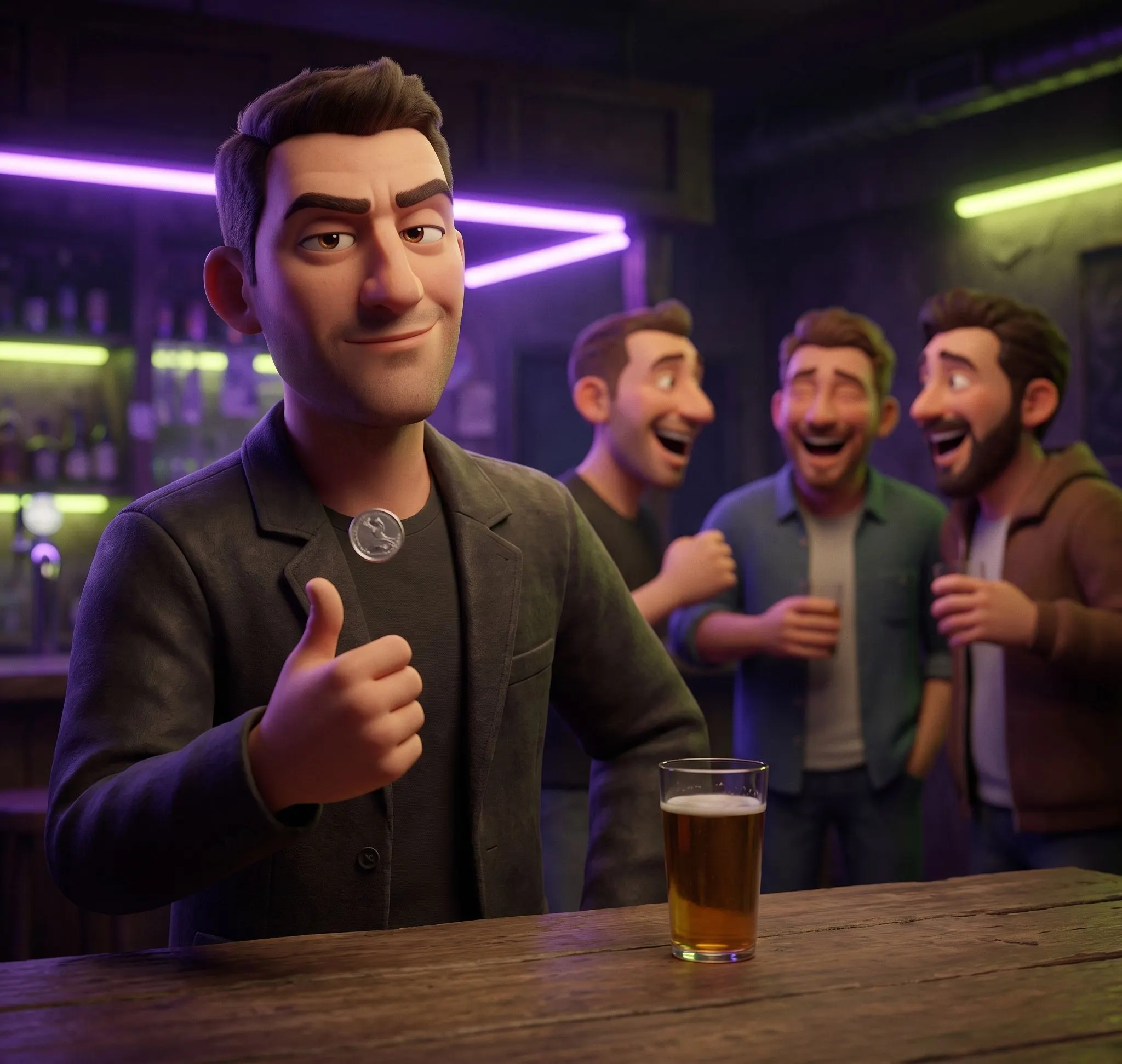 A man flipping a coin at a plain Sofia bar, beer in front of him, his group laughing out of focus behind