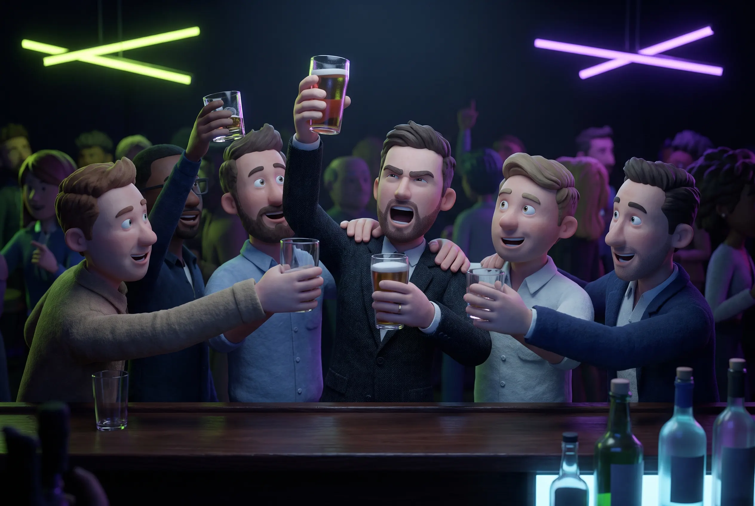 Six men crowded around a Sofia bar at night, glasses raised together, the groom mid cheer in the middle